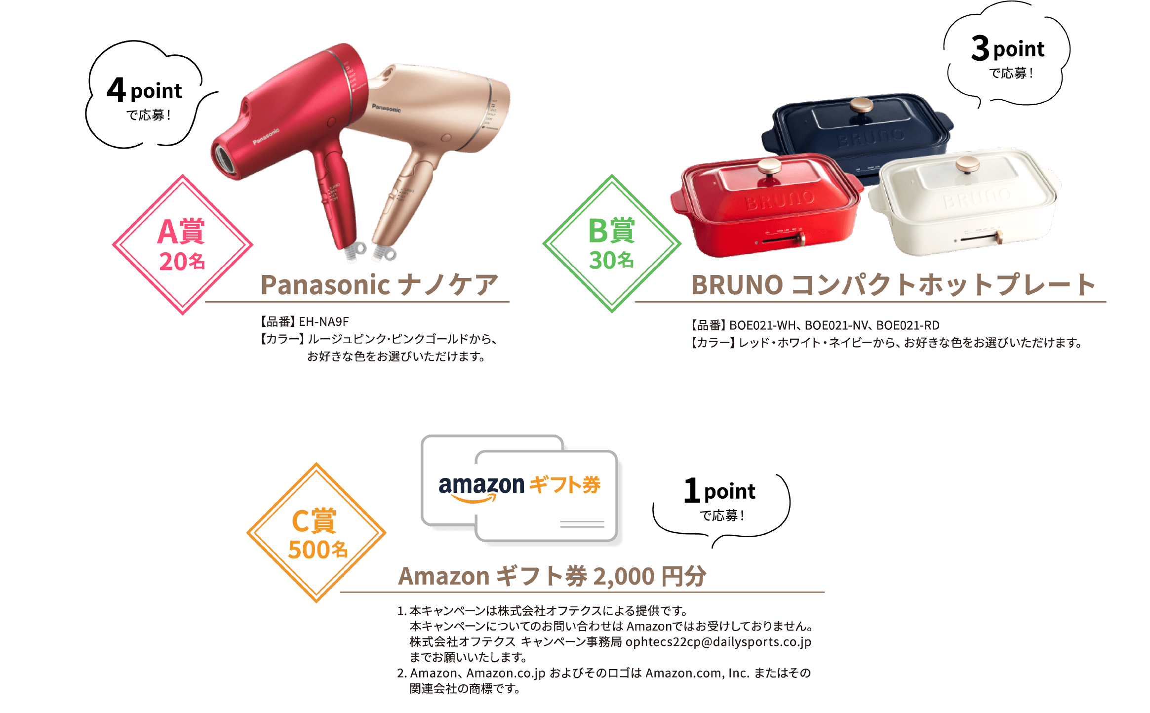 A賞20名 Panasonic ナノケア【品番】EH-NA9F【カラー】ルージュピンク・ピンクゴールドから、お好きな色をお選びいただけます。B賞30名 BRUNO コンパクトホットプレート【品番】BOE021-WH、BOE021-NV、BOE021-RD【カラー】レッド・ホワイト・ネイビーから、お好きな色をお選びいただけます。C賞 200名 Amazon ギフト券 2,000円分1. 本キャンペーンは株式会社オフテクスによる提供です。本キャンペーンについてのお問い合わせは Amazonではお受けしておりません。株式会社オフテクス キャンペーン事務局ophtecs22cp@dailysports.co.jpまでお願いいたします。2. Amazon、Amazon.co.jp およびそのロゴは Amazon.com, Inc. またはその関連会社の商標です。